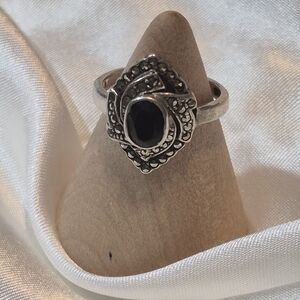 Elegant Black Onyx & 925Sterling Silver Marcasite Ring.  Size 5.5